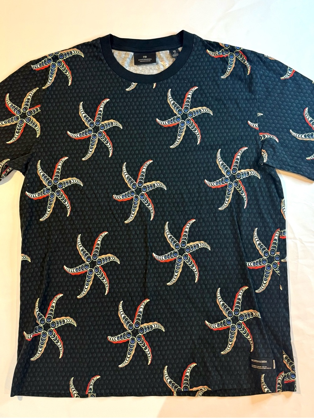 Scotch & Soda Shirt Mens XL Black Starfish Print Short Sleeve Cotton Casual